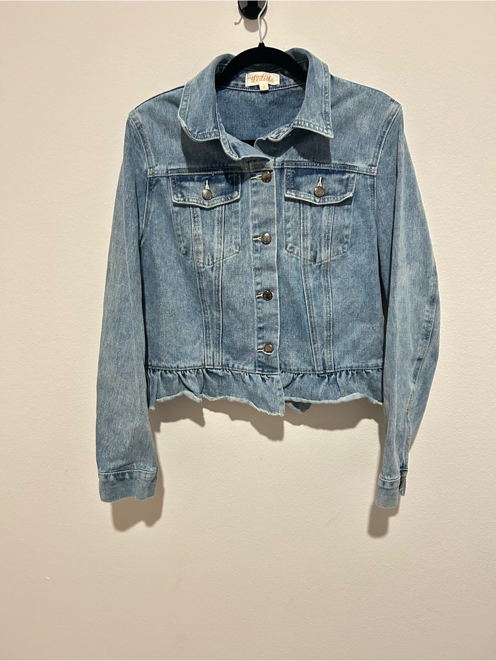 Listicle Light Blue Denim Jacket with Ruffle Hem